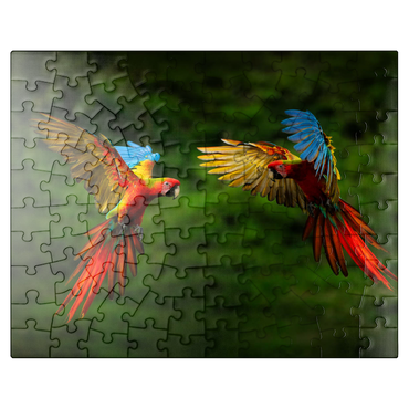 puzzleplate Parrots in forest parrot flying in dark green vegetation 100 Jigsaw Puzzle