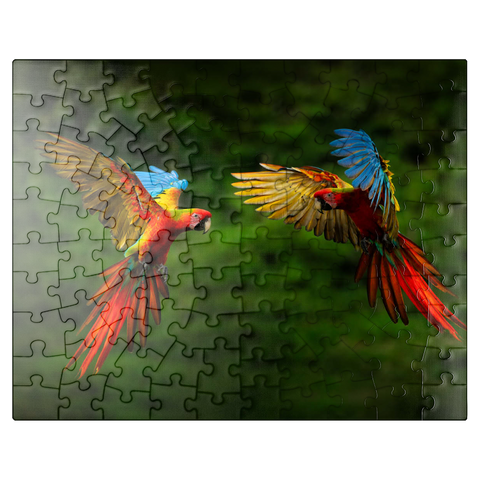 puzzleplate Parrots in forest parrot flying in dark green vegetation 100 Jigsaw Puzzle