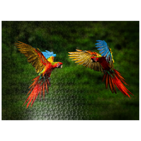 puzzleplate Parrots in forest parrot flying in dark green vegetation 500 Jigsaw Puzzle