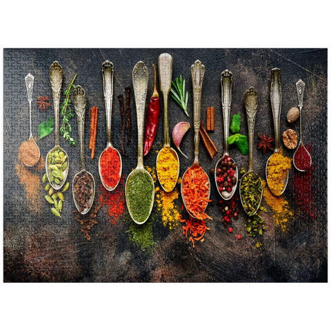 puzzleplate Assortment of natural spices on vintage spoons on dark slate 1000 Jigsaw Puzzle