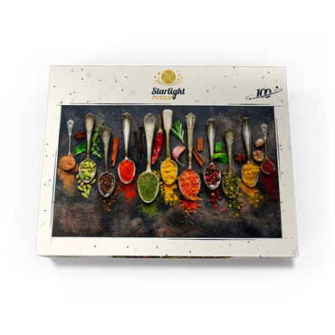 Assortment of natural spices on vintage spoons on dark slate 100 Jigsaw Puzzle box view1