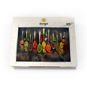 Assortment of natural spices on vintage spoons on dark slate 500 Jigsaw Puzzle box view1
