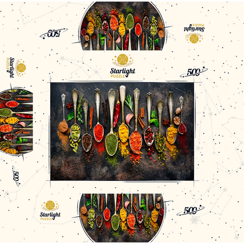 Assortment of natural spices on vintage spoons on dark slate 500 Jigsaw Puzzle box 3D Modell