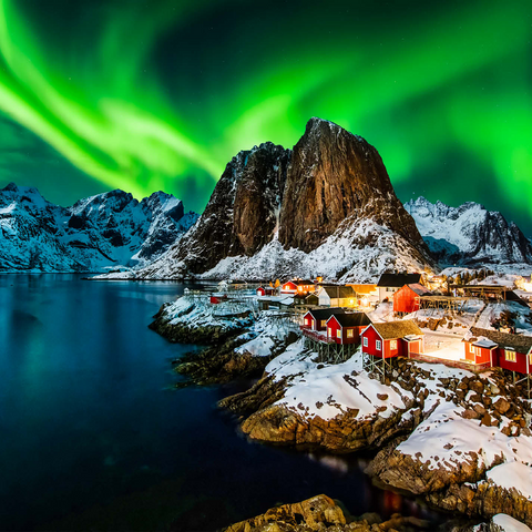 Aurora borealis over Hamnoy in Norway 500 Jigsaw Puzzle 3D Modell