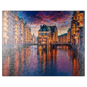 puzzleplate Speicherstadt Hamburg at dusk 100 Jigsaw Puzzle