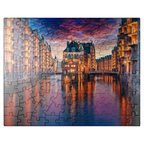puzzleplate Speicherstadt Hamburg at dusk 100 Jigsaw Puzzle