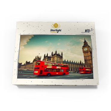 Red double decker bus in front of the Big Ban and Westminster Abbey London England 100 Jigsaw Puzzle box view1