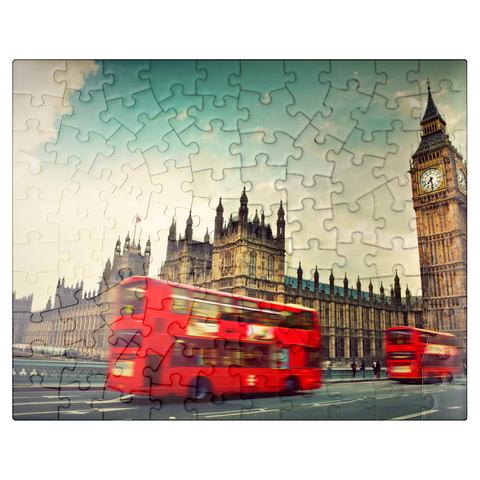 puzzleplate Red double decker bus in front of the Big Ban and Westminster Abbey London England 100 Jigsaw Puzzle