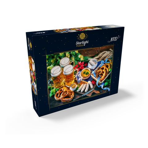 Oktoberfest menu, Bavarian sausages with pretzels, sweet mustard and beer mugs 1000 Jigsaw Puzzle box view1
