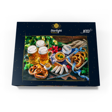 Oktoberfest menu, Bavarian sausages with pretzels, sweet mustard and beer mugs 1000 Jigsaw Puzzle box view1