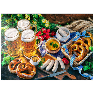 puzzleplate Oktoberfest menu, Bavarian sausages with pretzels, sweet mustard and beer mugs 1000 Jigsaw Puzzle