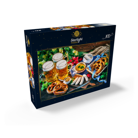 Oktoberfest menu Bavarian sausages with pretzels sweet mustard and beer mugs 100 Jigsaw Puzzle box view1