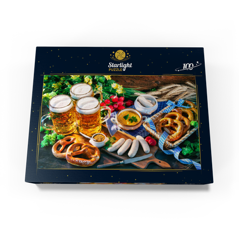 Oktoberfest menu Bavarian sausages with pretzels sweet mustard and beer mugs 100 Jigsaw Puzzle box view1