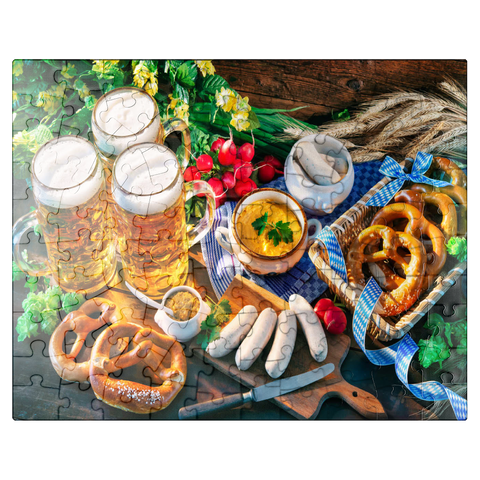 puzzleplate Oktoberfest menu Bavarian sausages with pretzels sweet mustard and beer mugs 100 Jigsaw Puzzle