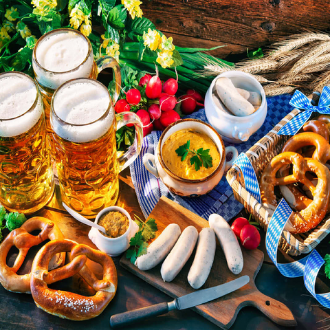 Oktoberfest menu Bavarian sausages with pretzels sweet mustard and beer mugs 100 Jigsaw Puzzle 3D Modell