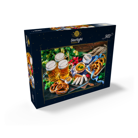 Oktoberfest menu Bavarian sausages with pretzels sweet mustard and beer mugs 500 Jigsaw Puzzle box view1