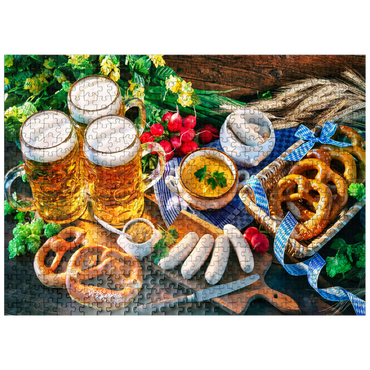 puzzleplate Oktoberfest menu Bavarian sausages with pretzels sweet mustard and beer mugs 500 Jigsaw Puzzle