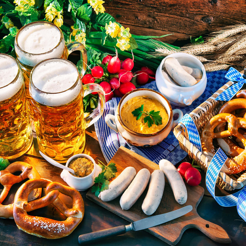 Oktoberfest menu Bavarian sausages with pretzels sweet mustard and beer mugs 500 Jigsaw Puzzle 3D Modell