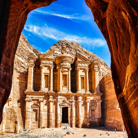 Breathtaking view from a cave of Ad Deir Monastery in the ancient city of Petra, Jordan. 100 Jigsaw Puzzle 3D Modell