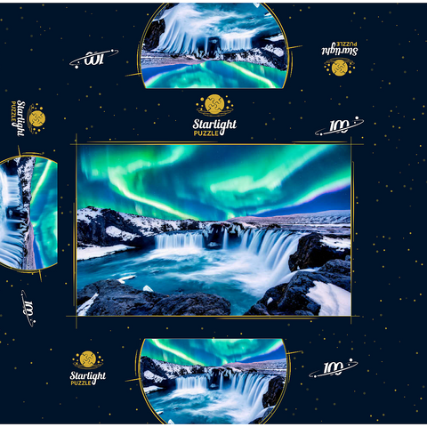 Northern lights over Godafoss waterfall in Iceland 100 Jigsaw Puzzle box 3D Modell