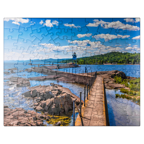 puzzleplate Grand Marais Light against the backdrop of the Sawtooth Mountains on Lake Superior 100 Jigsaw Puzzle