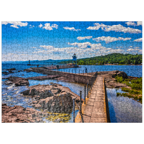 puzzleplate Grand Marais Light against the backdrop of the Sawtooth Mountains on Lake Superior 500 Jigsaw Puzzle