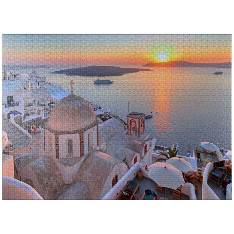 puzzleplate St. John's Church over the Caldera in the sunset, Fira, Santorini Island, Cyclades, Greece 1000 Jigsaw Puzzle