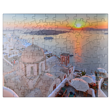 puzzleplate St. John's Church over the Caldera in the sunset, Fira, Santorini Island, Cyclades, Greece 100 Jigsaw Puzzle