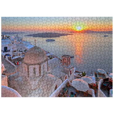 puzzleplate St. John's Church over the Caldera in the sunset, Fira, Santorini Island, Cyclades, Greece 500 Jigsaw Puzzle