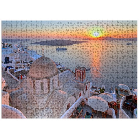 puzzleplate St. John's Church over the Caldera in the sunset, Fira, Santorini Island, Cyclades, Greece 500 Jigsaw Puzzle