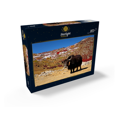 Yak with view to Ganden Monastery at Drog Riboche Mountain near Tagtse Dzong, Tibet, China 100 Jigsaw Puzzle box view1
