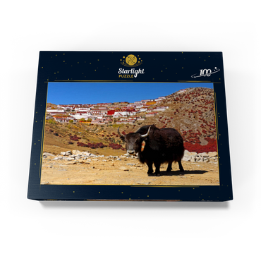 Yak with view to Ganden Monastery at Drog Riboche Mountain near Tagtse Dzong, Tibet, China 100 Jigsaw Puzzle box view1