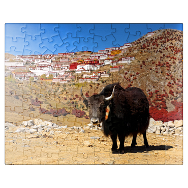 puzzleplate Yak with view to Ganden Monastery at Drog Riboche Mountain near Tagtse Dzong, Tibet, China 100 Jigsaw Puzzle