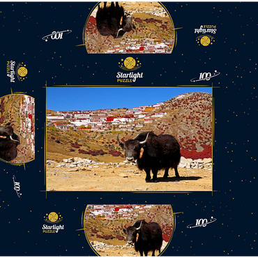 Yak with view to Ganden Monastery at Drog Riboche Mountain near Tagtse Dzong, Tibet, China 100 Jigsaw Puzzle box 3D Modell