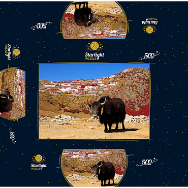 Yak with view to Ganden Monastery at Drog Riboche Mountain near Tagtse Dzong, Tibet, China 500 Jigsaw Puzzle box 3D Modell