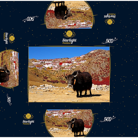 Yak with view to Ganden Monastery at Drog Riboche Mountain near Tagtse Dzong, Tibet, China 500 Jigsaw Puzzle box 3D Modell