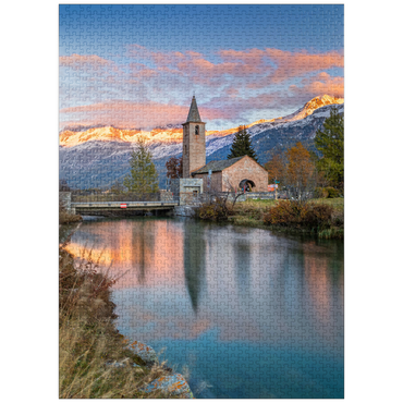 puzzleplate Church San Laurench in Sils Baselgia on Lake Sils at sunset 1000 Jigsaw Puzzle