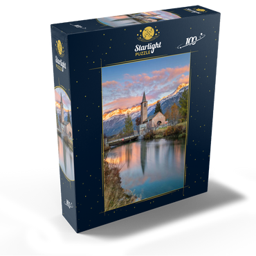 Church San Laurench in Sils Baselgia on Lake Sils at sunset 100 Jigsaw Puzzle box view1