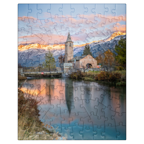 puzzleplate Church San Laurench in Sils Baselgia on Lake Sils at sunset 100 Jigsaw Puzzle