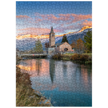 puzzleplate Church San Laurench in Sils Baselgia on Lake Sils at sunset 500 Jigsaw Puzzle