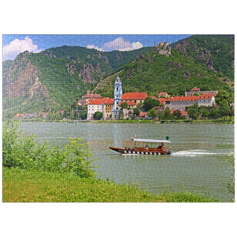 puzzleplate Passenger ferry on the Danube at Rossatz-Arnsdorf with view to Dürnstein - Austria 1000 Jigsaw Puzzle