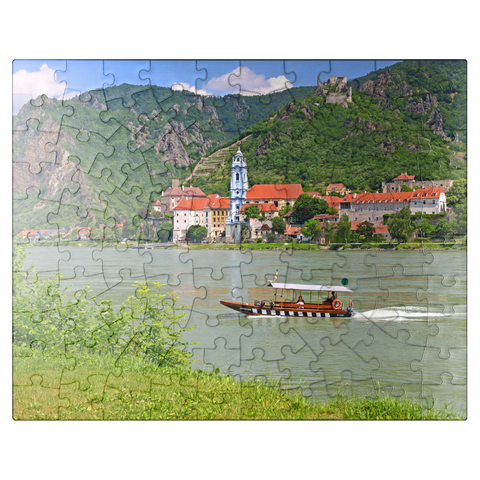 puzzleplate Passenger ferry on the Danube at Rossatz-Arnsdorf with view to Dürnstein - Austria 100 Jigsaw Puzzle