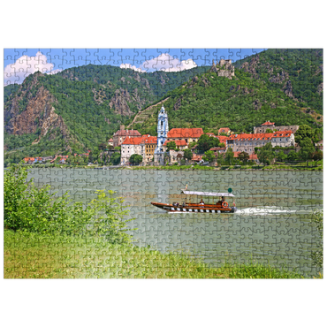 puzzleplate Passenger ferry on the Danube at Rossatz-Arnsdorf with view to Dürnstein - Austria 500 Jigsaw Puzzle