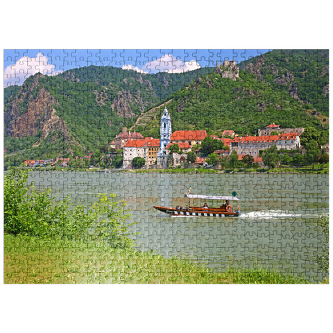 puzzleplate Passenger ferry on the Danube at Rossatz-Arnsdorf with view to Dürnstein - Austria 500 Jigsaw Puzzle