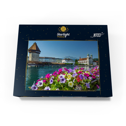 Chapel bridge over the Reuss river with water tower, Pilatus and Jesuit church - Lucerne, Switzerland 1000 Jigsaw Puzzle box view1