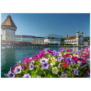 puzzleplate Chapel bridge over the Reuss river with water tower, Pilatus and Jesuit church - Lucerne, Switzerland 1000 Jigsaw Puzzle