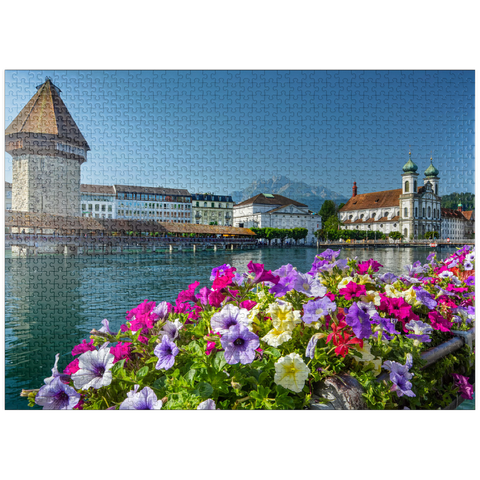 puzzleplate Chapel bridge over the Reuss river with water tower, Pilatus and Jesuit church - Lucerne, Switzerland 1000 Jigsaw Puzzle