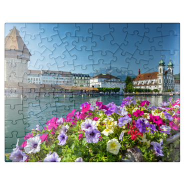 puzzleplate Chapel bridge over the Reuss river with water tower, Pilatus and Jesuit church - Lucerne, Switzerland 100 Jigsaw Puzzle