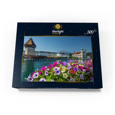 Chapel bridge over the Reuss river with water tower, Pilatus and Jesuit church - Lucerne, Switzerland 500 Jigsaw Puzzle box view1