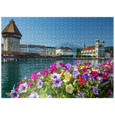 puzzleplate Chapel bridge over the Reuss river with water tower, Pilatus and Jesuit church - Lucerne, Switzerland 500 Jigsaw Puzzle